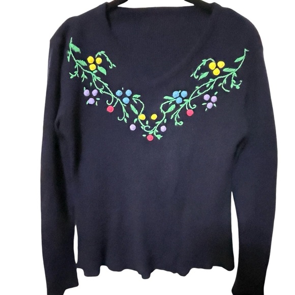 VINTAGE 70S V-NECK SWEATER NAVY BLUE 3D POMPOM FLORAL FLOWERS MULTI-COLOR XS/S - Picture 3 of 14